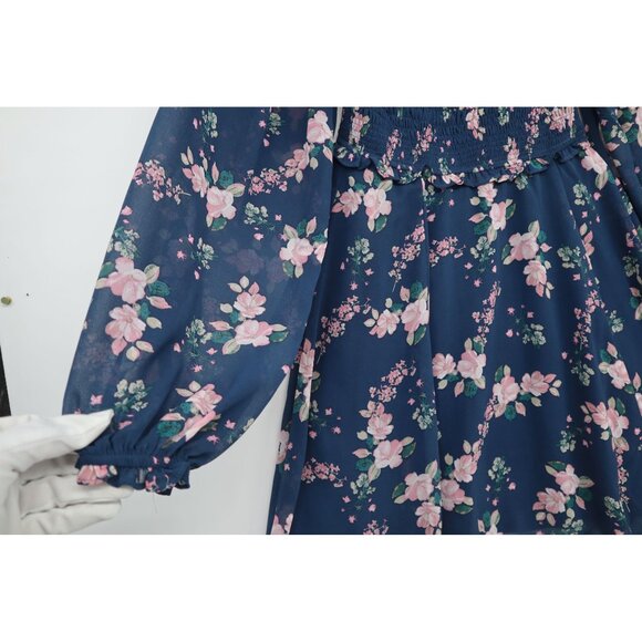 Lulus Floral Navy Blue Off-The-Shoulder Smocked Mini Dress Long Sleeves Womens S - Picture 8 of 15